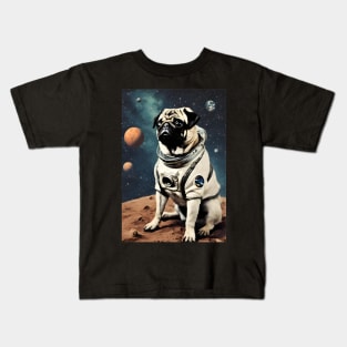 Astronaut Pug in Space Vintage Surreal Collage Art Kids T-Shirt